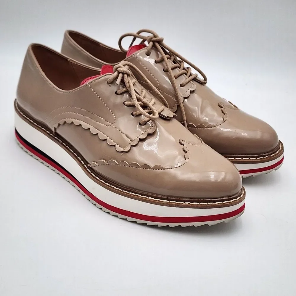 Zara Oxford Shoes Women's 38 / 7.5 Tan Nude Patent Leather  Platform‎ Lace